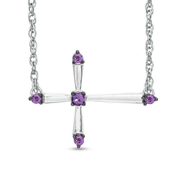 Amethyst Sideways Cross Necklace in Sterling Silver