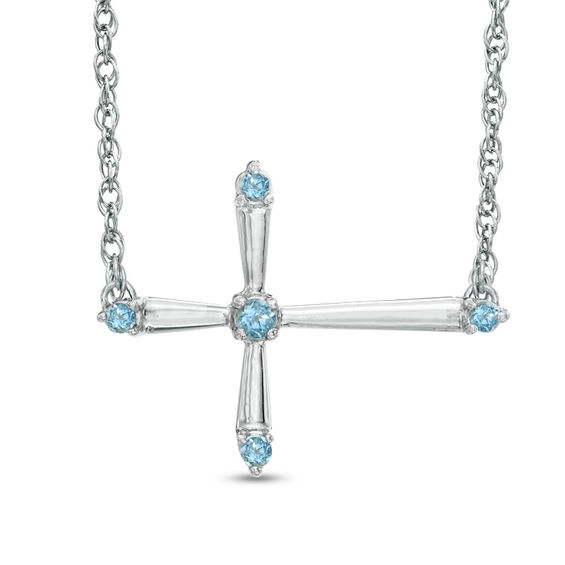 Aquamarine Sideways Cross Necklace in Sterling Silver