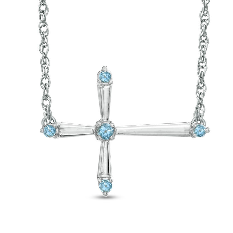 Aquamarine Sideways Cross Necklace in Sterling Silver