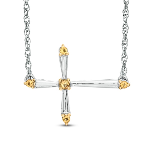 Citrine Sideways Cross Necklace in Sterling Silver