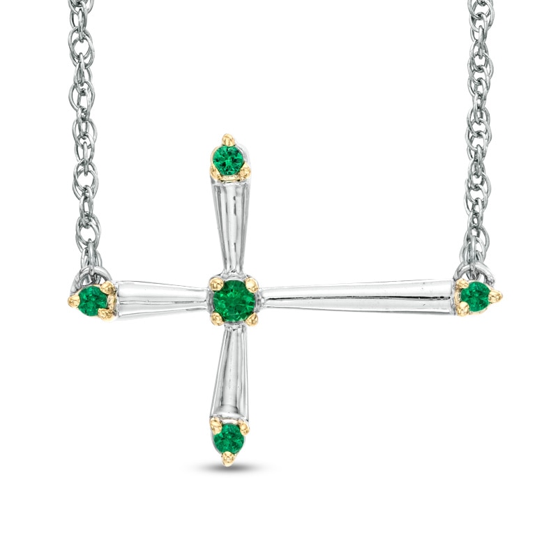 Main Image 1 of Lab-Created Emerald Sideways Cross Necklace in Sterling Silver