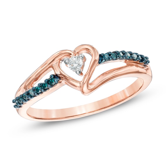 1/10 CT. T.w. Enhanced Blue and White Diamond Heart Promise Ring in 10K Rose Gold