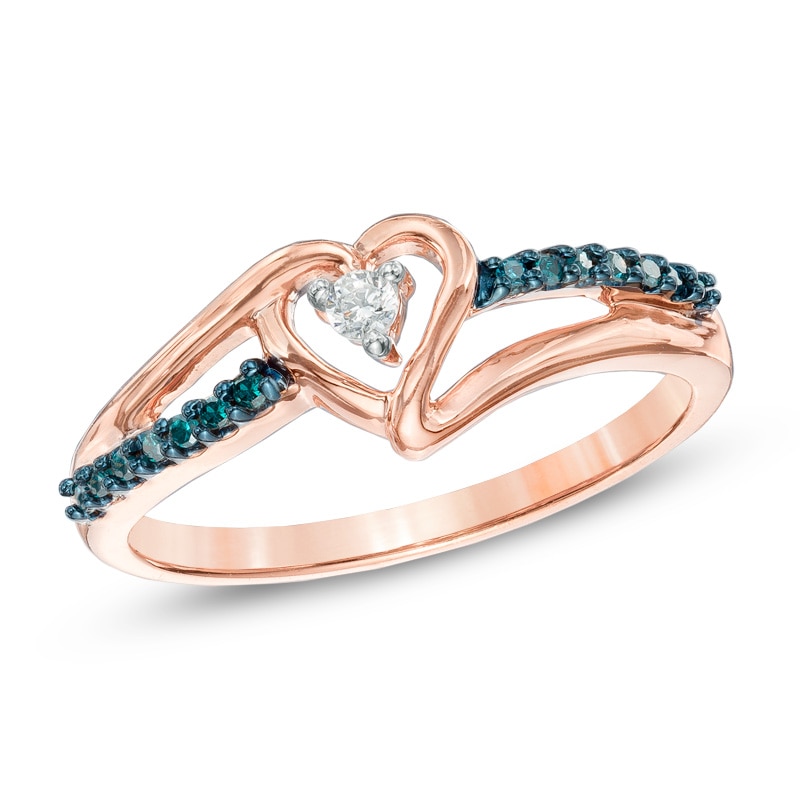 1/10 CT. T.W. Enhanced Blue and White Diamond Heart Promise Ring in 10K Rose Gold
