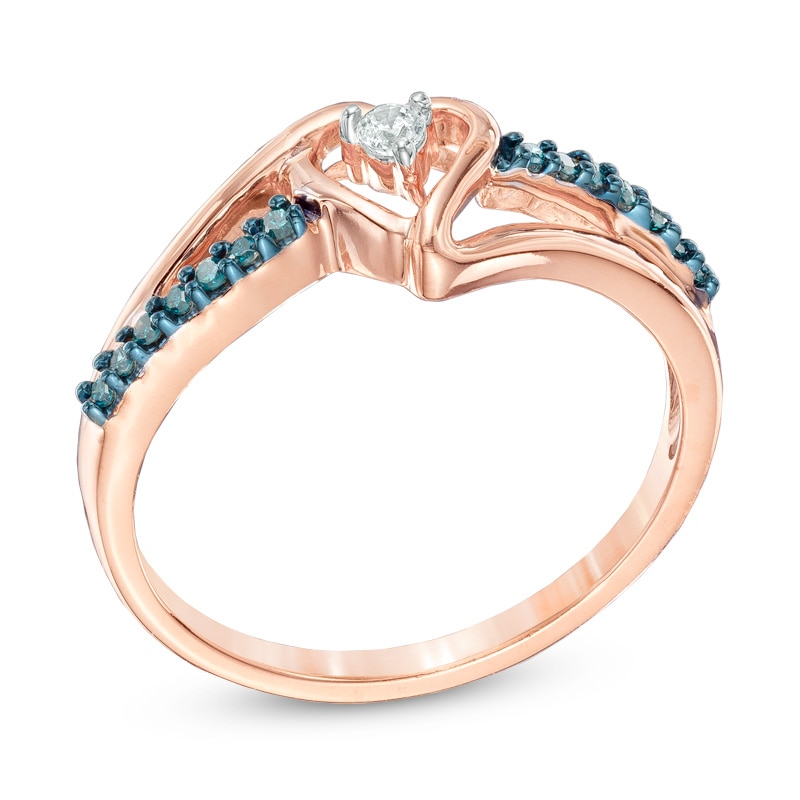 1/10 CT. T.W. Enhanced Blue and White Diamond Heart Promise Ring in 10K Rose Gold