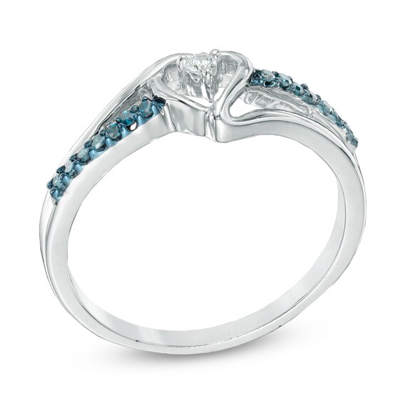 1/10 CT. T.w. Enhanced Blue and White Diamond Heart Promise Ring in Sterling Silver
