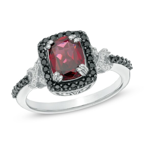 Cushion-Cut Rhodolite Garnet, Black Spinel and Diamond Accent Ring in Sterling Silver