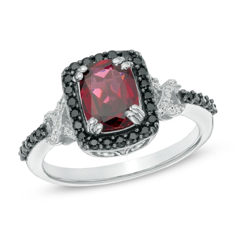 Main Image 1 of Cushion-Cut Rhodolite Garnet, Black Spinel and  Diamond Accent Ring in Sterling Silver