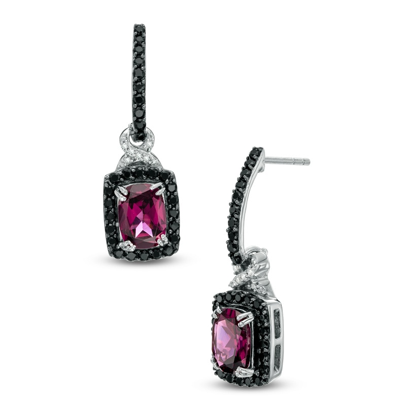 Main Image 1 of Cushion-Cut Rhodolite Garnet, Black Spinel and Diamond Accent Drop Earrings in Sterling Silver