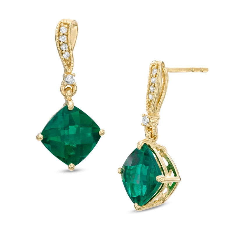 Main Image 1 of 7.0mm Cushion-Cut Lab-Created Emerald and Diamond Accent Drop Earrings in Sterling Silver with 14K Gold Plate