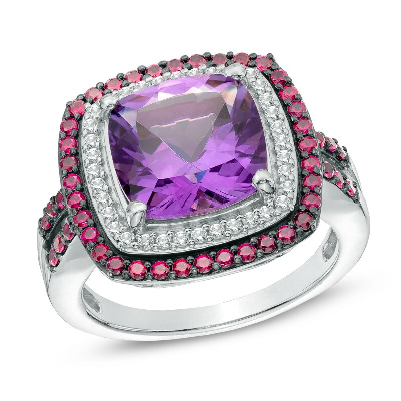 Main Image 1 of 10.0mm Cushion-Cut Amethyst, Lab-Created Ruby and White Sapphire Ring in Sterling Silver
