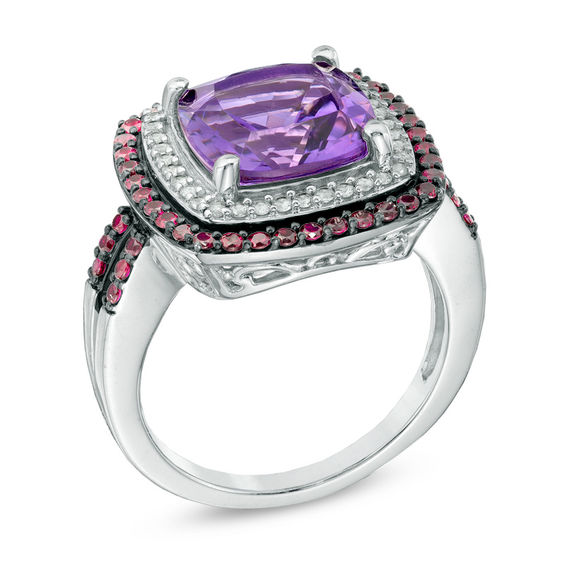 10.0mm Cushion-Cut Amethyst, Lab-Created Ruby and White Sapphire Ring in Sterling Silver