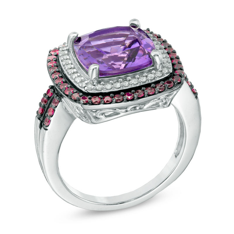 Main Image 2 of 10.0mm Cushion-Cut Amethyst, Lab-Created Ruby and White Sapphire Ring in Sterling Silver