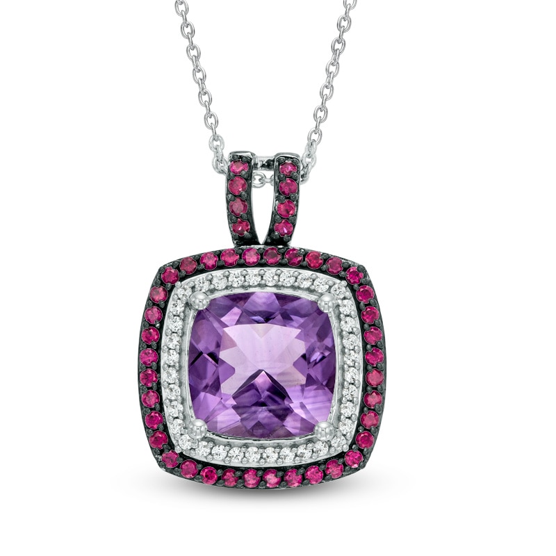 Main Image 1 of 10.0mm Cushion-Cut Amethyst and Lab-Created Ruby and White Sapphire Pendant in Sterling Silver