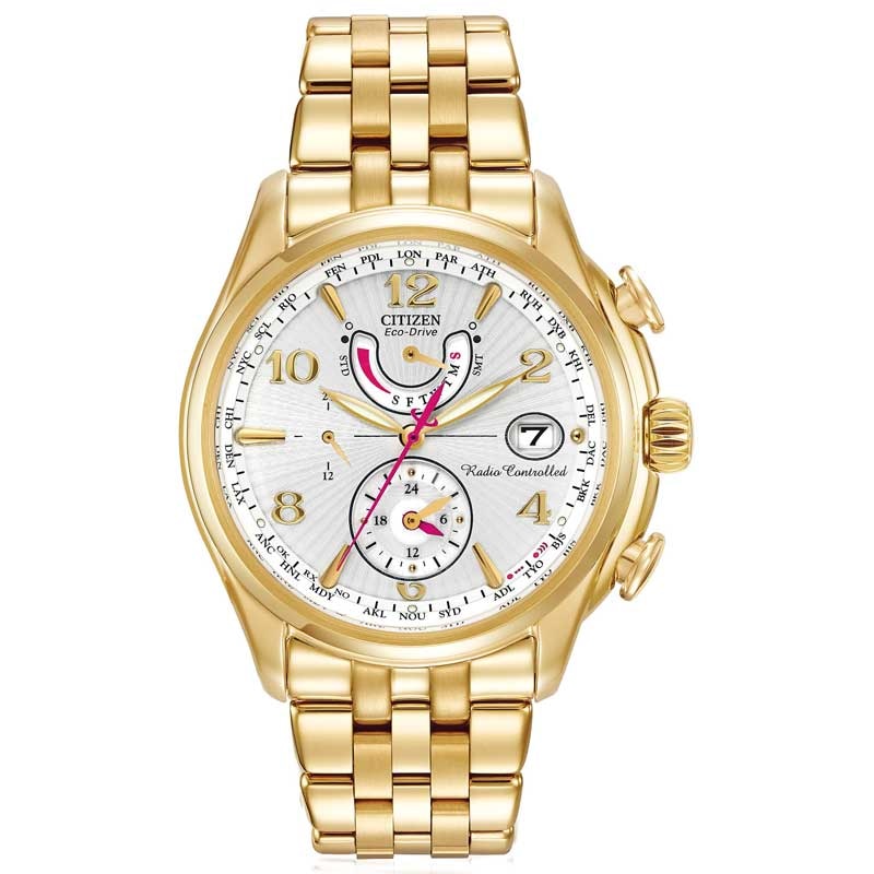 Main Image 1 of Ladies' Citizen Eco-Drive® World Chronograph A-T Gold-Tone Watch with White Dial (Model: FC0002-53A)