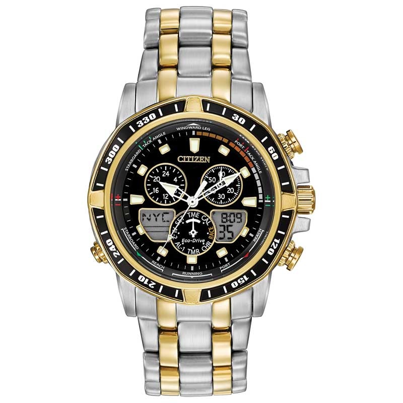 Men's Citizen Eco-Drive® Sailhawk Chronograph Two-Tone Watch with Black Dial (Model: JR4054-56E)