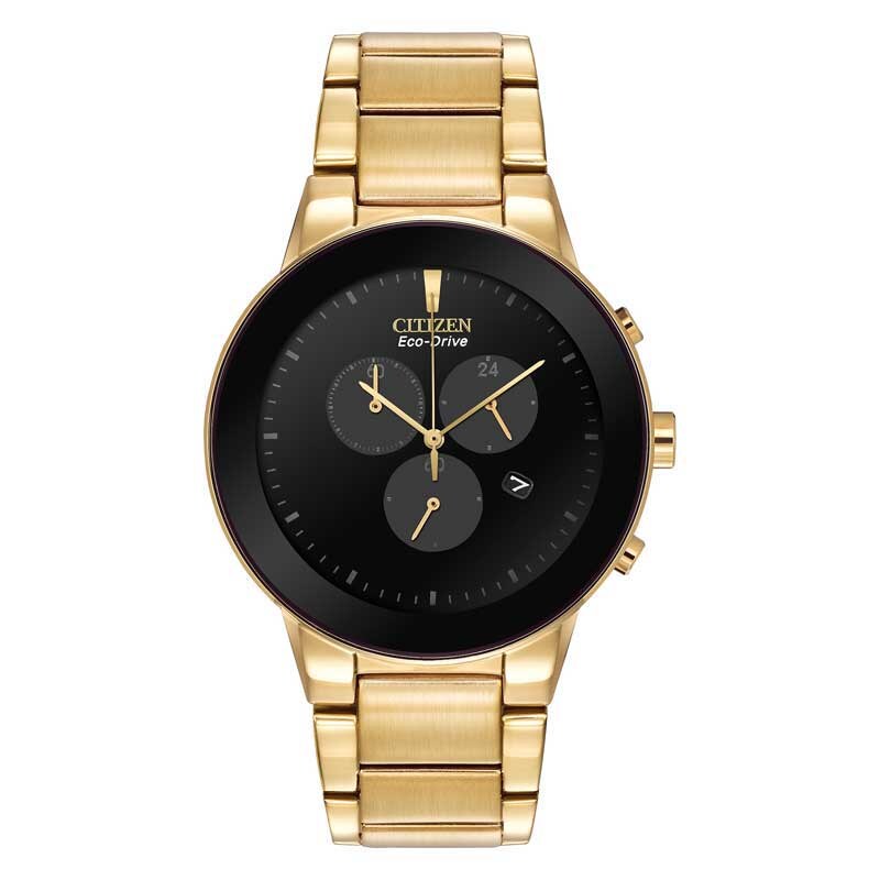 Main Image 1 of Men's Citizen Eco-Drive® Axiom Chronograph Gold-Tone Watch with Black Dial (Model: AT2242-55E)
