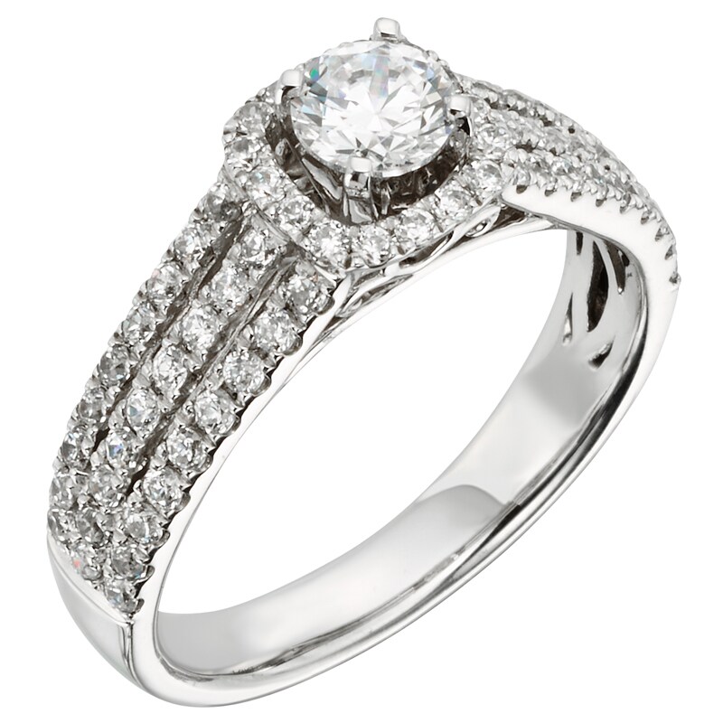 1 CT. T.W. Certified Diamond Frame Triple Shank Engagement Ring in 14K White Gold (I/I2)