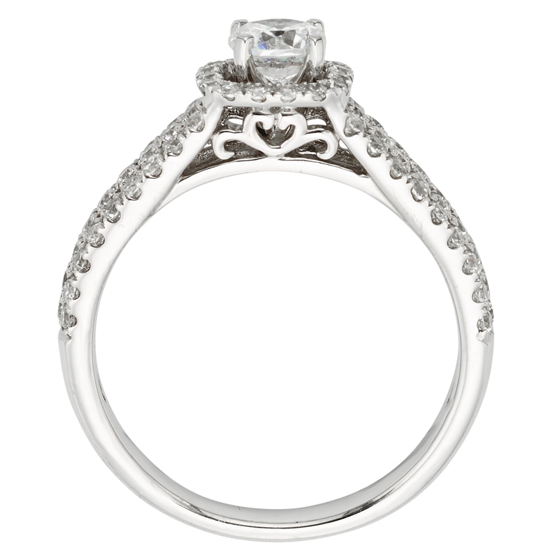 1 CT. T.W. Certified Diamond Frame Triple Shank Engagement Ring in 14K White Gold (I/I2)