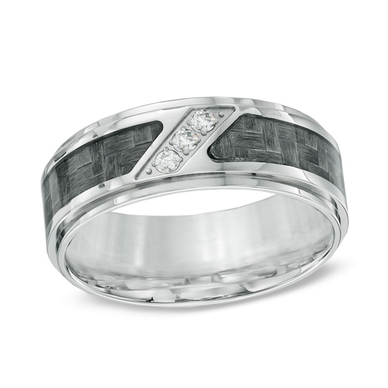 1/10 CT. T.w. Diamond Three Stone Grey Carbon Fiber Comfort Fit Stainless Steel Wedding Band