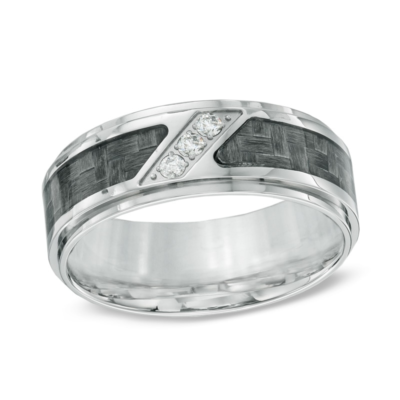 Main Image 1 of Men's 1/10 CT. T.W. Diamond Three Stone Grey Carbon Fiber Comfort Fit Stainless Steel Wedding Band