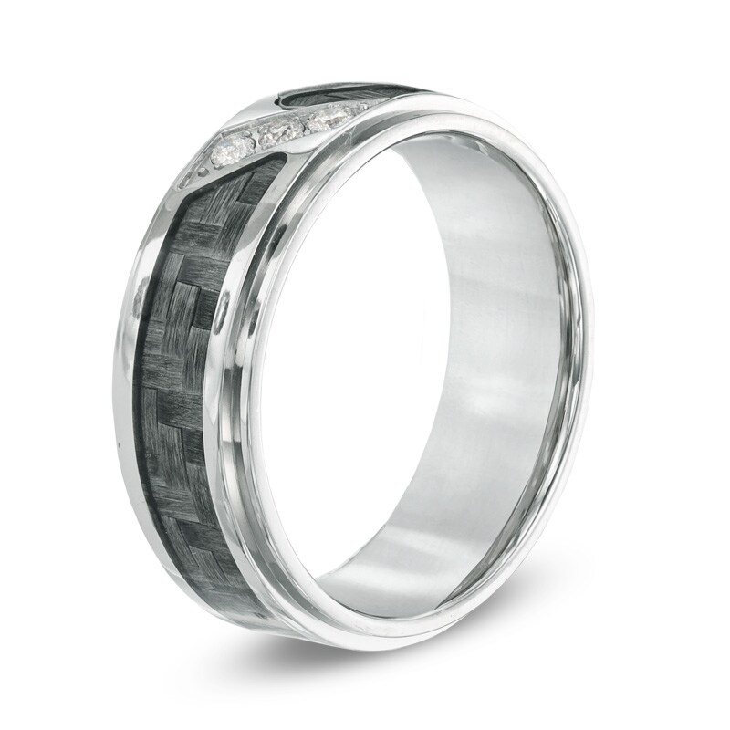 Main Image 2 of Men's 1/10 CT. T.W. Diamond Three Stone Grey Carbon Fiber Comfort Fit Stainless Steel Wedding Band