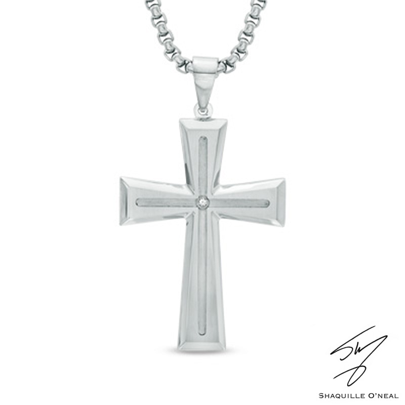 Main Image 1 of Men's Diamond Accent Cross Pendant in Stainless Steel - 24"