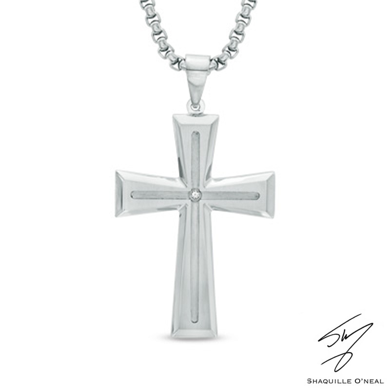 Men's Diamond Accent Cross Pendant in Stainless Steel - 24"