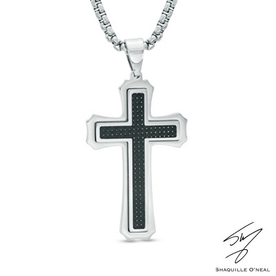 Men's Carbon Fiber Stacked Cross Pendant in Two-Tone Stainless Steel - 24"