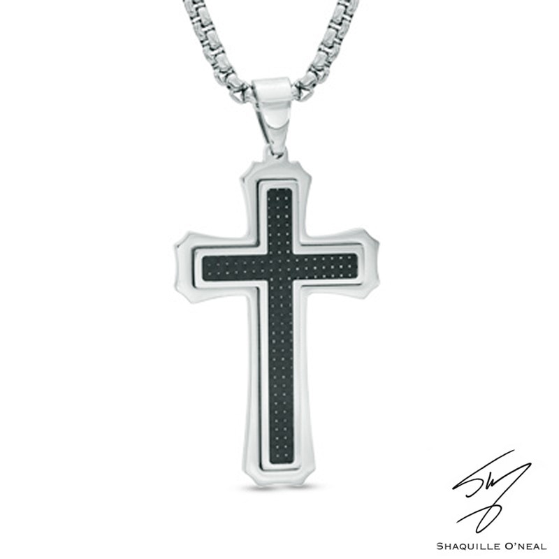 Main Image 1 of Men's Carbon Fiber Stacked Cross Pendant in Two-Tone Stainless Steel - 24"