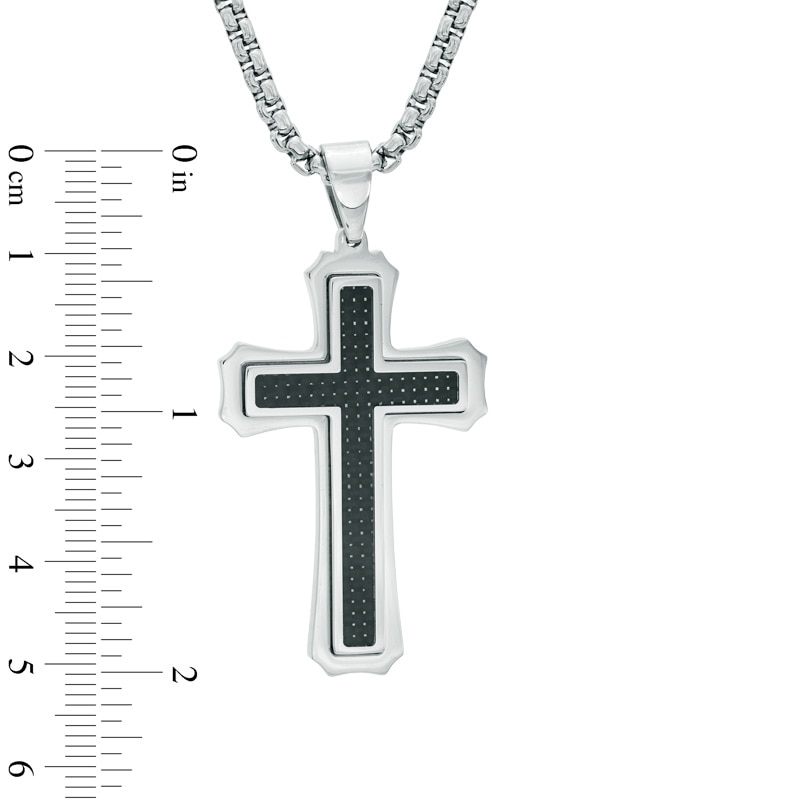 Main Image 3 of Men's Carbon Fiber Stacked Cross Pendant in Two-Tone Stainless Steel - 24"