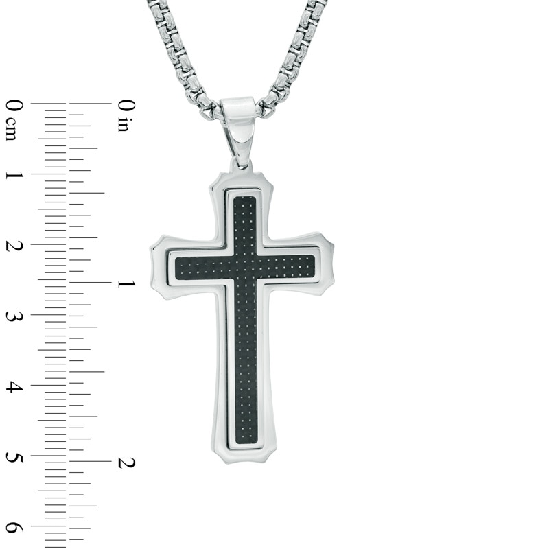 Men's Carbon Fiber Stacked Cross Pendant in Two-Tone Stainless Steel - 24"