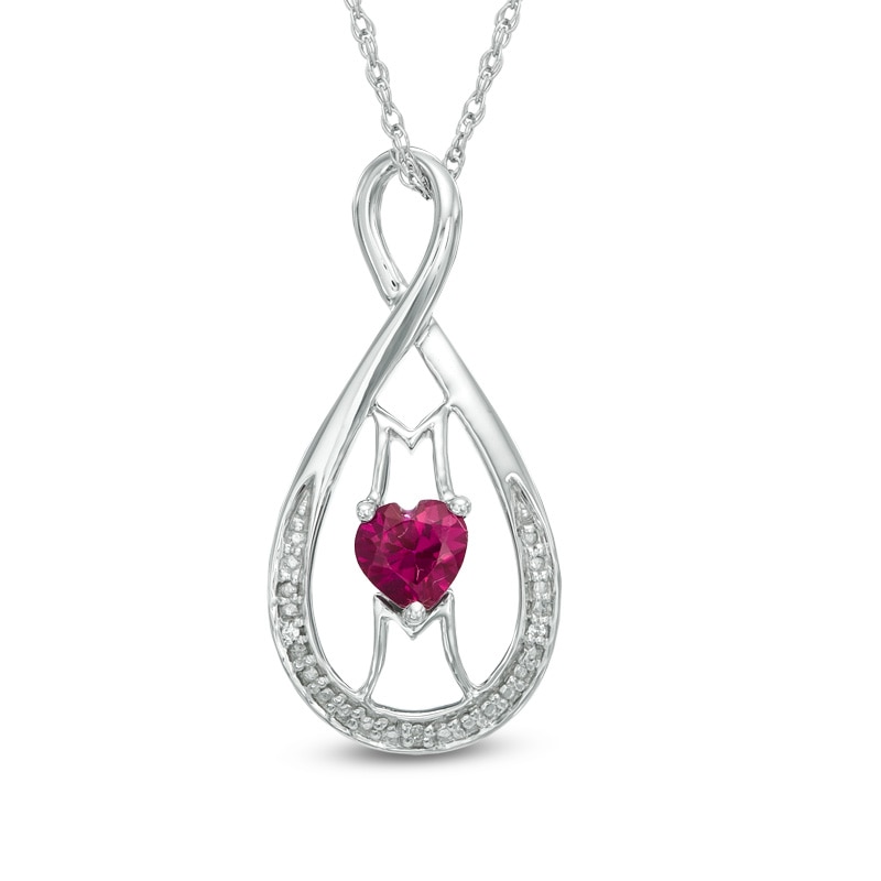 5.0mm Heart-Shaped Lab-Created Ruby and Diamond Accent "MOM" Infinity Pendant in Sterling Silver