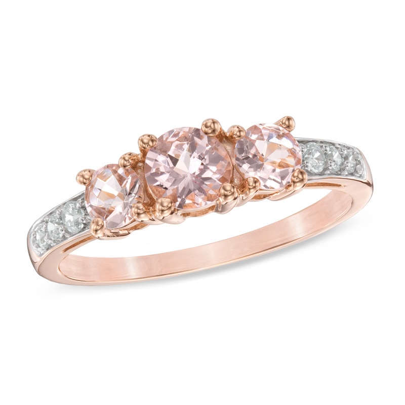 Main Image 1 of 5.0mm Morganite and 1/10 CT. T.W. Diamond Three Stone Engagement Ring in 10K Rose Gold