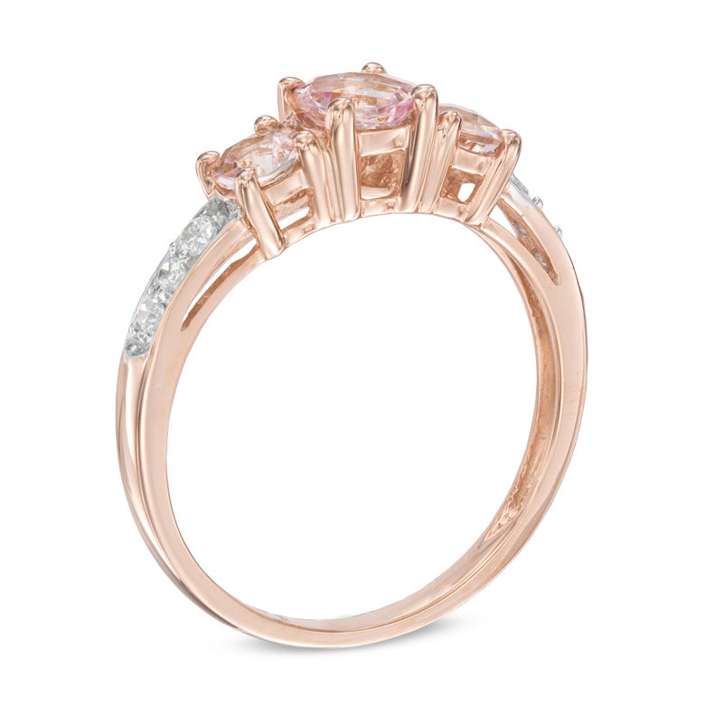 5.0mm Morganite and 1/10 CT. T.W. Diamond Three Stone Engagement Ring in 10K Rose Gold