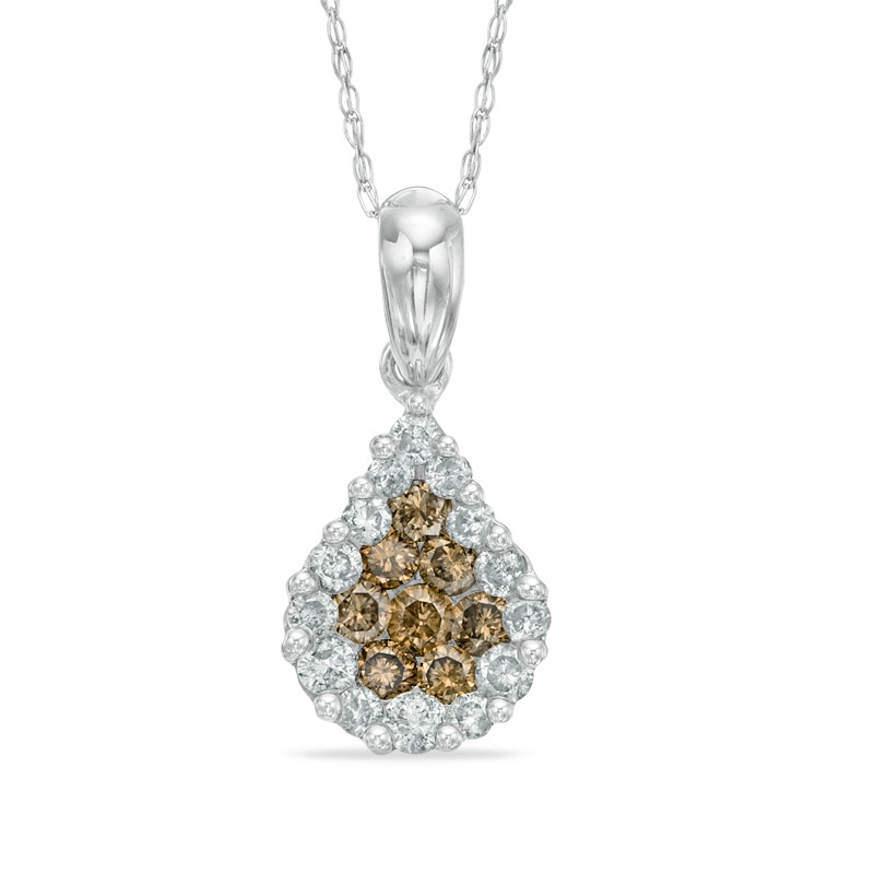 Main Image 1 of 1/2 CT. T.W. Champagne and White Diamond Cluster Teardrop Pendant in 14K White Gold