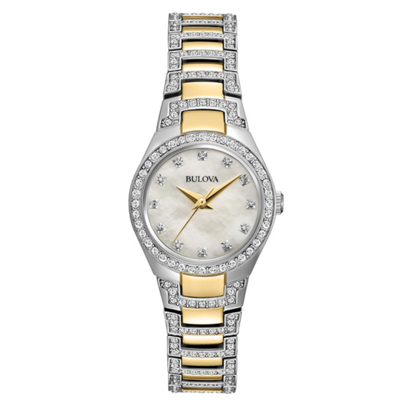 Ladies' Bulova Two-Tone Crystal Accent Watch with Mother-of-Pearl Dial (Model: 98L198)