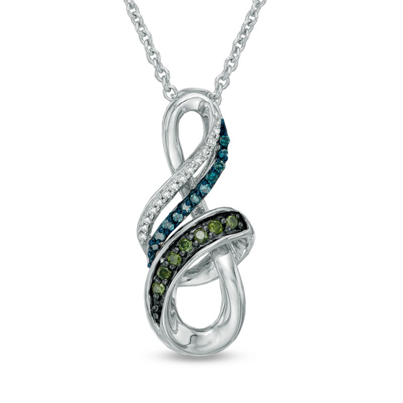 Main Image 1 of 1/10 CT. T.W. Enhanced Green, Blue and White Diamond Infinity Pendant in Sterling Silver