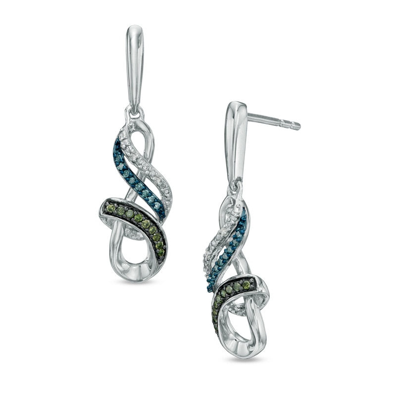 Main Image 1 of 1/10 CT. T.W. Enhanced Green, Blue and White Diamond Infinity Drop Earrings in Sterling Silver
