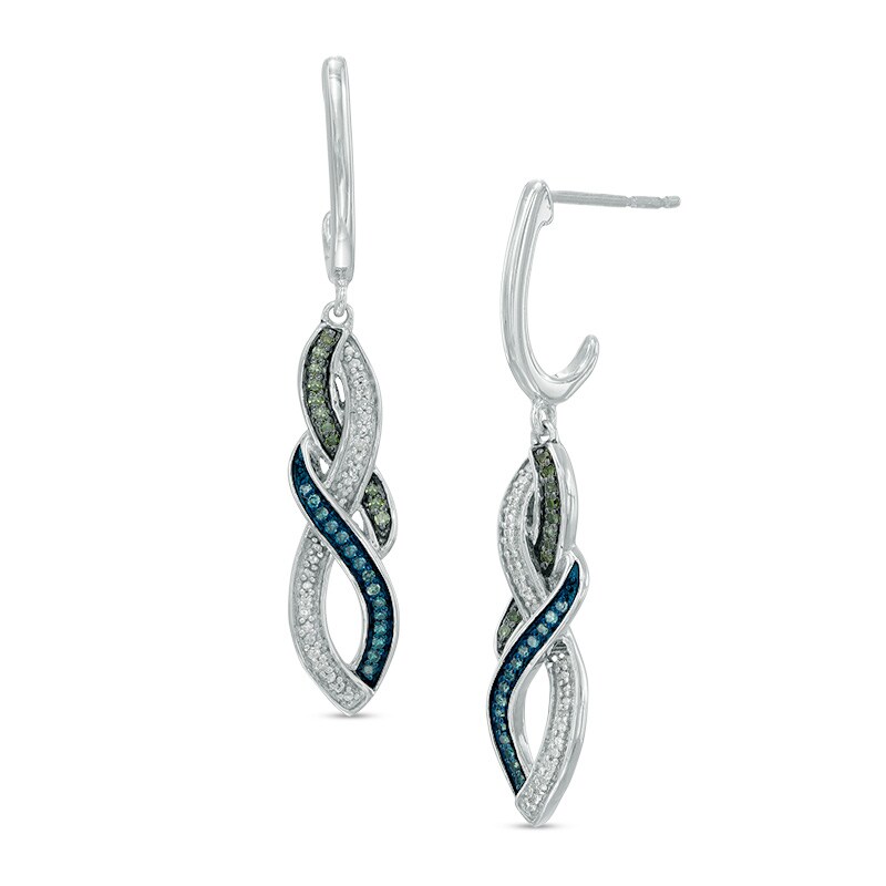Main Image 1 of 1/6 CT. T.W. Enhanced Green, Blue and White Diamond Infinity-Style Drop Earrings in Sterling Silver