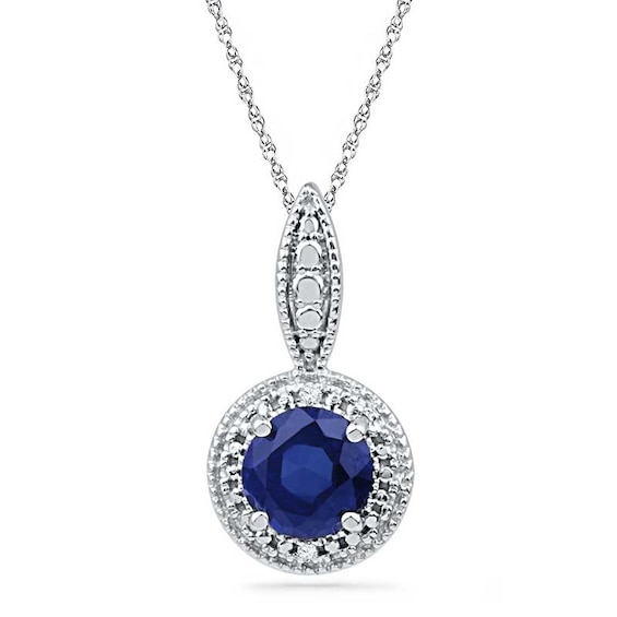 6.5mm Lab-Created Blue Sapphire and Diamond Accent Frame Pendant in Sterling Silver