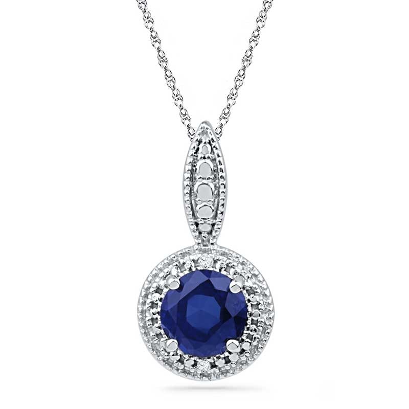 Main Image 1 of 6.5mm Lab-Created Blue Sapphire and Diamond Accent Frame Pendant in Sterling Silver