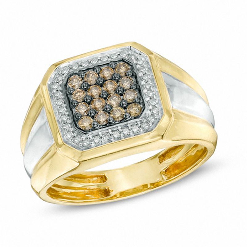 Men's 1/2 CT. T.W. Champagne and White Diamond Square Composite Ring in 10K Gold