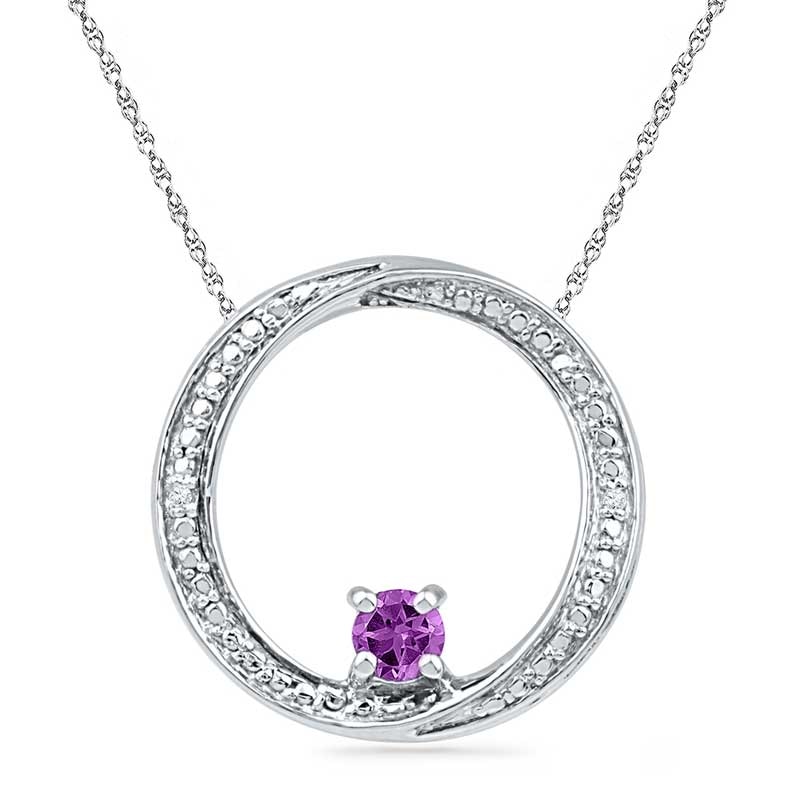 Main Image 1 of 4.0mm Amethyst and Diamond Accent Swirl Circle Pendant in Sterling Silver