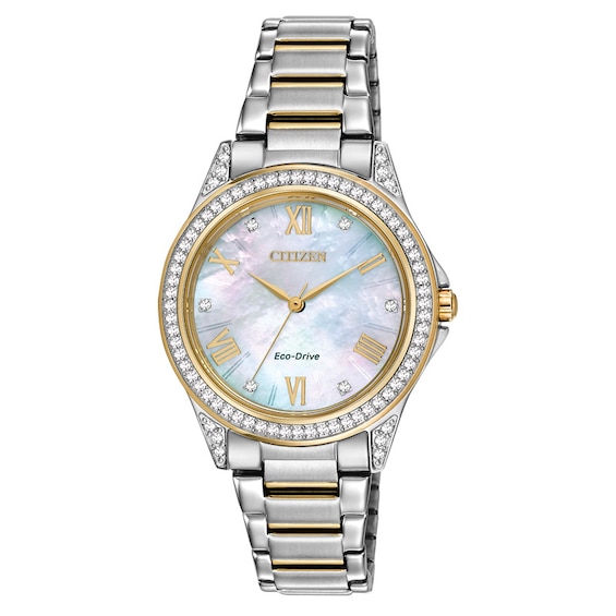 Ladies' Drive from Citizen Eco-DriveÂ® Crystal Accent Watch with Mother-of-Pearl Dial (Model: Em0234-59D)