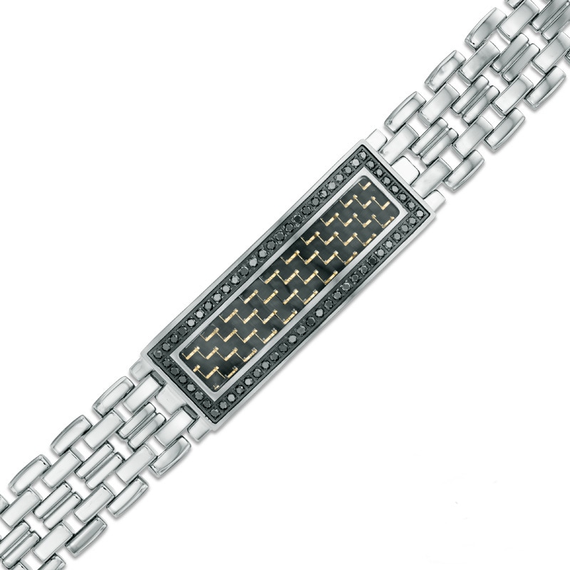 Men's 3/4 CT. T.W. Black Diamond and Carbon fiber ID Bracelet in Black Stainless Steel