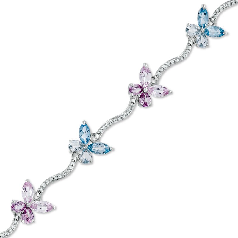 Multi-Gemstone and Lab-Created White Sapphire Butterfly Bracelet in Sterling Silver - 7.25"