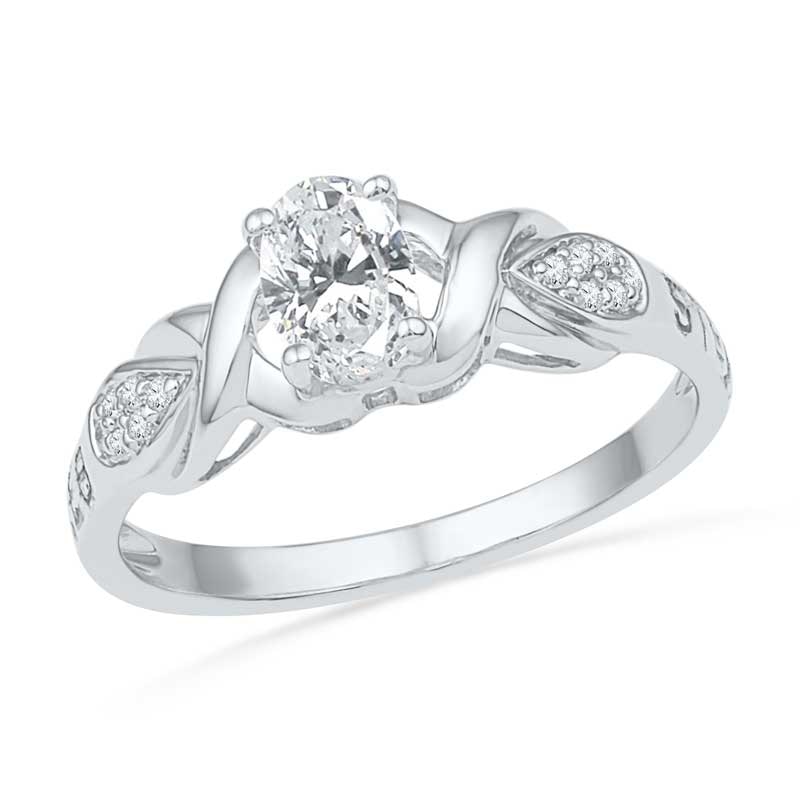 Oval Lab-Created White Sapphire and Diamond Accent Promise Ring in Sterling Silver (2 Names)