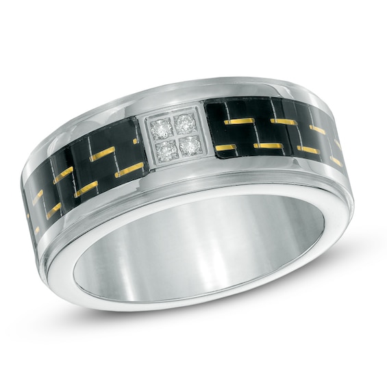 Diamond Accent Carbon Fiber Comfort Fit Stainless Steel Wedding Ring - Size 10