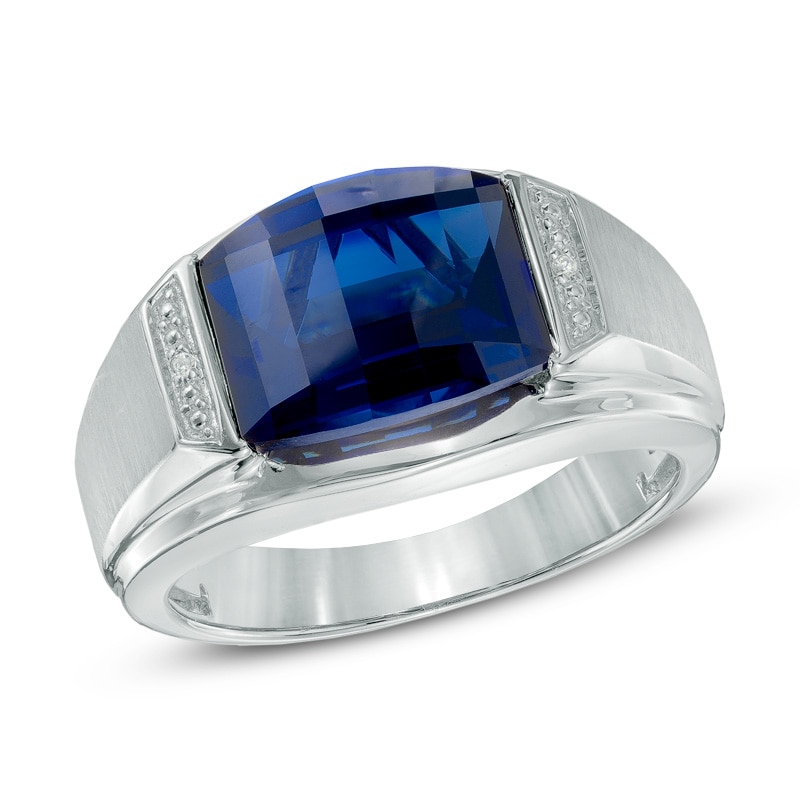 Men's Barrel-Shaped Lab-Created Blue Sapphire and Diamond Accent Ring in Sterling Silver