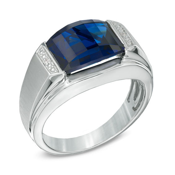 Barrel-Shaped Lab-Created Blue Sapphire and Diamond Accent Ring in Sterling Silver
